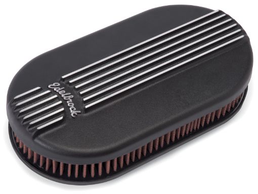 Bild på Edelbrock Air Cleaner Classic Series Oval Aluminum Top Cloth Element 17 5In X 9 35In X 3 9In Black