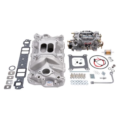 Bild på Edelbrock Manifold And Carb Kit Performer Eps Small Block Chevrolet 1957 - 1986 Natural Finish