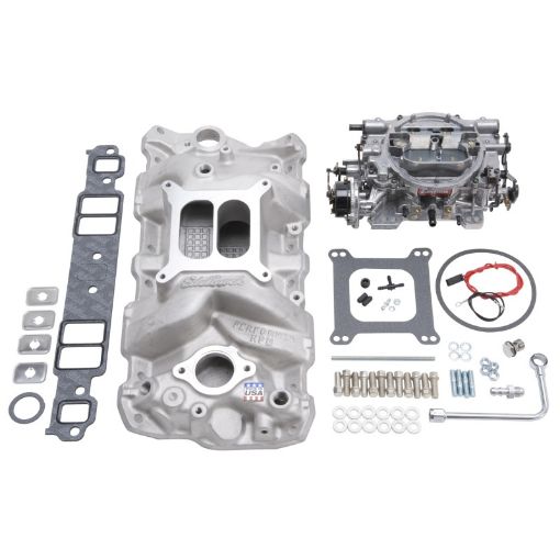 Bild på Edelbrock Manifold And Carb Kit Performer RPM Small Block Chevrolet 1957 - 1986 Natural Finish