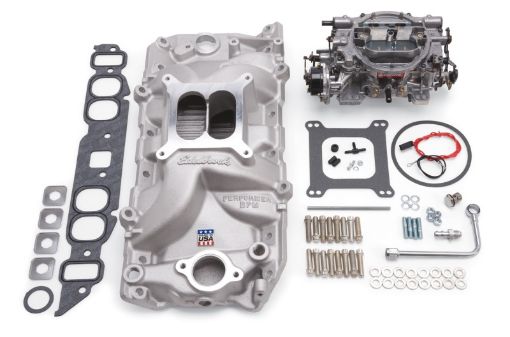 Bild på Edelbrock Manifold And Carb Kit Performer RPM Big Block Chevrolet Oval Port Natural Finish