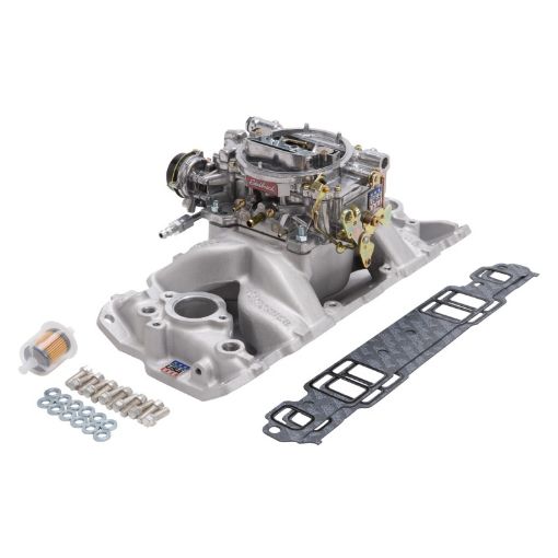 Bild på Edelbrock Manifold And Carb Kit Performer Air - Gap Small Block Chevrolet 1957 - 1986 Natural Finish