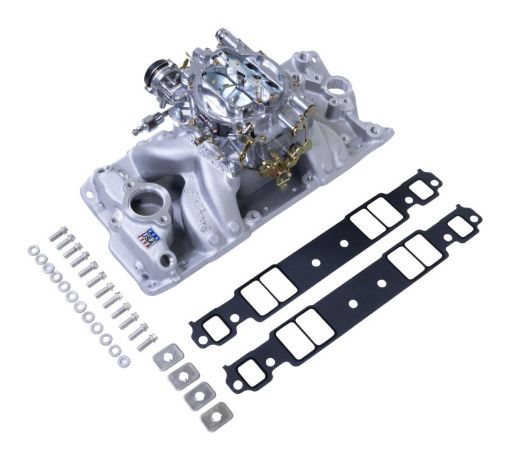 Bild på Edelbrock Manifold and Carb Kit Performer RPM Air - Gap SBC 1957 - 1986 Natural Finish